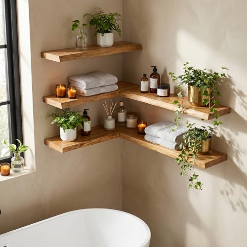Image of Dreamland 72 Inch Floating Shelves for Wall, Solid Elm Wood Live Edge Wall Shelves for Living Room, Bedroom, Kitchen, Bathroom, Wall Mounted Long Floating Shelf Set of 1, Natural