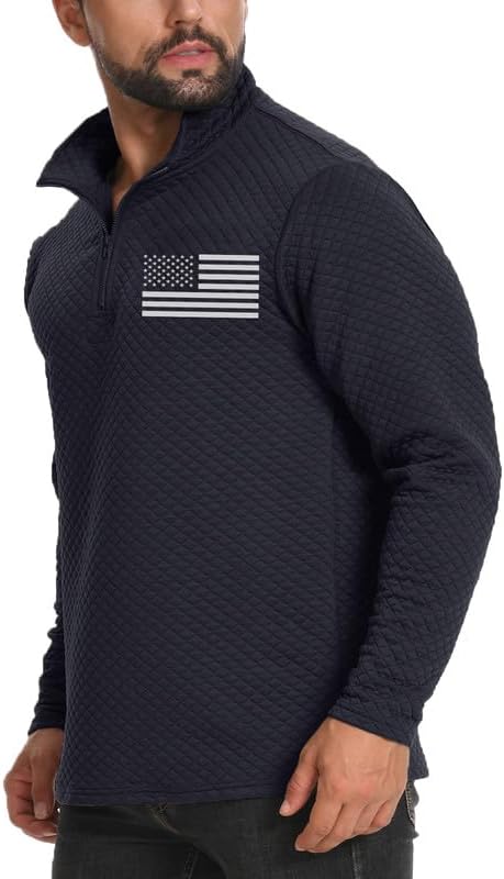H HYFOL Men's USA Flag Graphic Pullover Waffle 1/4 Zip Stand Collar American Patriotic Sweatshirts - Image 4