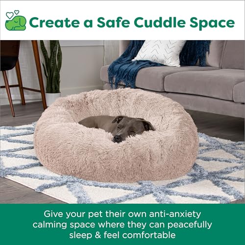 Furhaven 23" Round Calming Donut Dog Bed for Indoor Cats & Small Dogs, Washable, For Dogs Up to 20 lbs - Shaggy Plush Long Faux Fur Donut Bed -