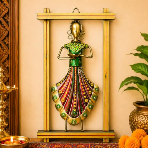 Image of iHandikart Metal Wall Art for Home Decor | Traditional Rajasthani Lady with Diya Wall Hanging | Hand-Painted Iron Wall Sculpture with Stone Work | Wall Decor for Living Room & Bedroom | 13 x 7 Inch