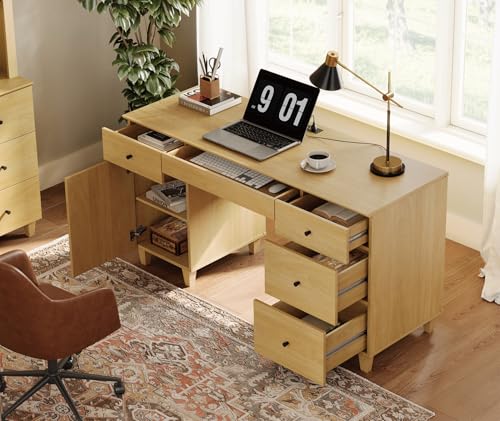 Image of WAMPAT 58 Inch Wood Desk with Drawers, Cabinet, Charging Station, Oak | Modern Executive Desk with Keyboard Storage Drawer, Home Office Large Wooden Computer Desk, Work & Study Writing Desk