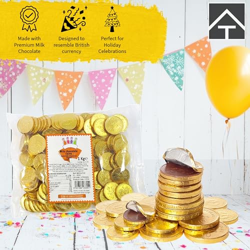 Milk Chocolate Coins for Kids - Solid Chocolate Gold Foiled Coins in 1kg Sweets Bulk with Topline Card. Great fot Chocolate Hamper, Stocking Fillers, Christmas Gifts or Birthday Party Bag Fillers