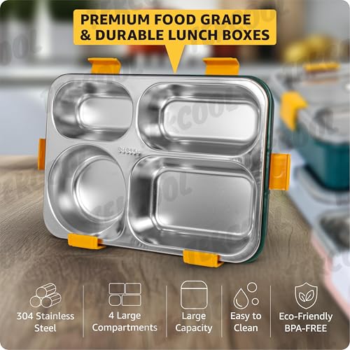 Image of TEKCOOL Lunch Box for Adults - Lunch Box for Kids with Spoon & Fork - Stainless Steel Lunch Box with 4 Compartment - Durable Perfect Size for On-The-Go Meal, BPA-Free