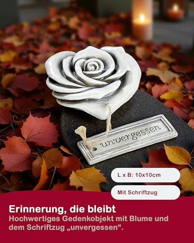 CULT at home Grabschmuck Rosen Herz „unvergessen“ – Grabdekoration Allerheiligen Steinherzen Grab Deko Grabstein – Rosenherz Gedenkstein fürs Grab Friedhof – aus Kunstharz Grau ca. 10 x 10 cm