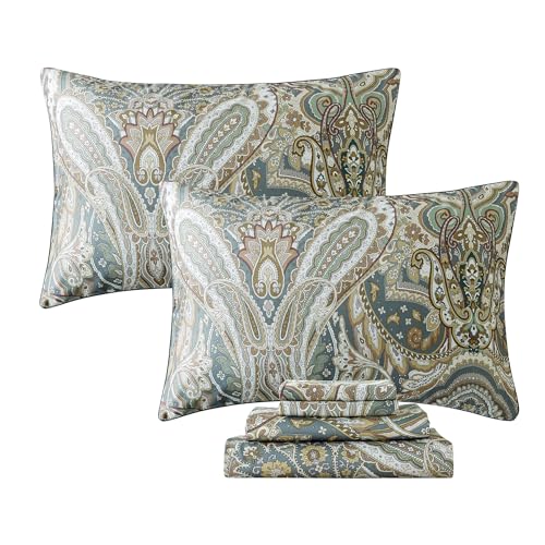 Image of FADFAY Paisley Sheets Set Twin Classic Boho Paisley Bedding Luxurious Bohemian Damask Paisley Bed Sheet Set Breathable 100% Egyptian Cotton 800 Thread Count Deep Pocket Fitted Sheet 4Pcs, Twin Size
