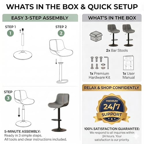 Butacos giratorios ajustables de barra, juego de 4, tapizados en cuero sintético gris, altura regulable, asiento ergonómico con respaldo, capacidad de 300 lb miniatura 6