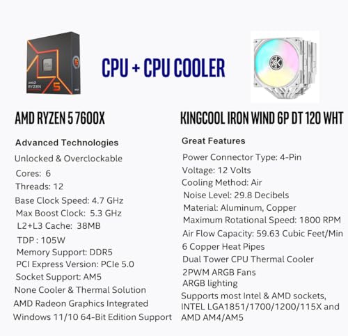 Image of MICRO CENTER CPU Air Coolor Combo - AMD Ryzen 5 7600X Desktop Processor with KINGCOOL Iron Wind 120mm ARGB CPU Air Cooler White