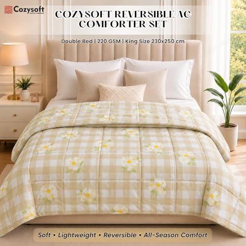 Image of Cozysoft Reversible AC Comforter Set| 220 GSM, Daisy Petal Check Double Bed | Lightweight Ultra Soft Microfiber Comforter| Quilt /Blanket /Duvets for All Weather