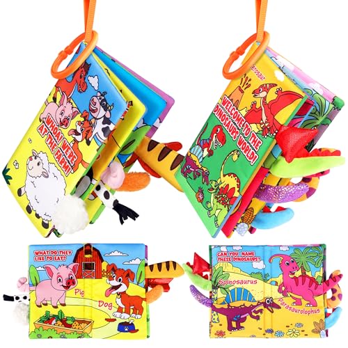 Helsort Soft Baby Books for 0-18 Months, 2PCS Crinkle Cloth Books – Dinosaur & Farm Themes, Tummy Time Toys for Infants 0-6-12-18 Months, Sensory Books for Babies, Ideal Christmas