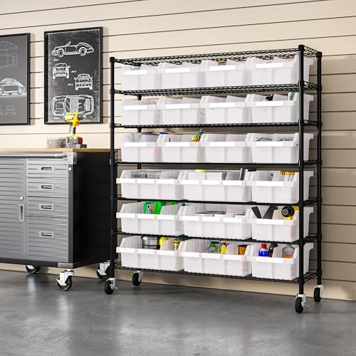 Image of 7-Tier NSF 21-Bin Steel Wire Shelving Rack, 48 inchW x 14 inchD x 56 inchH, Black | 21 slide-out bins with tilt-lock design keep supplies organized and accessible
