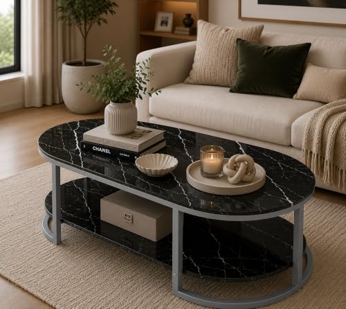 Image of Coffee Tables for Living Room Modern Coffee Table Oval Sofa Table Center Tables for Living Room 2 Tier Side Table Small Apartment Home Furniture Black Gold 2T (Gry Black)