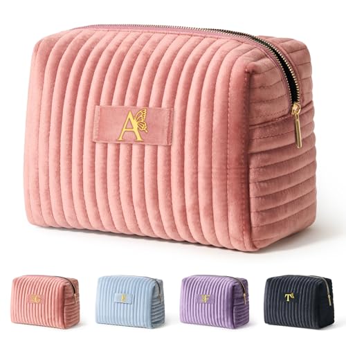 Image of COSHAYSOO Bridesmaid Proposal Engagement Gifts Bridal Shower Bachelorette Party Favors Makeup Bag Quilted Make Up Cosmetic Pouch for Bride to Be Maid of Honor Godmother Dusty Pink Initial Letter A