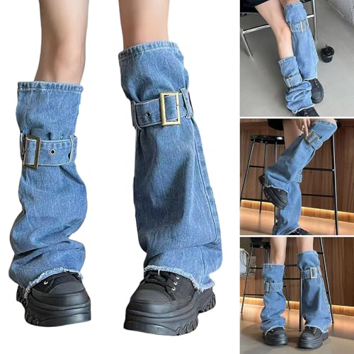 Women Subcultures Jeans Leg Warmers with Buckled Straps Punk Washed Denims Baggy Flared Boot Covers Streetwear2