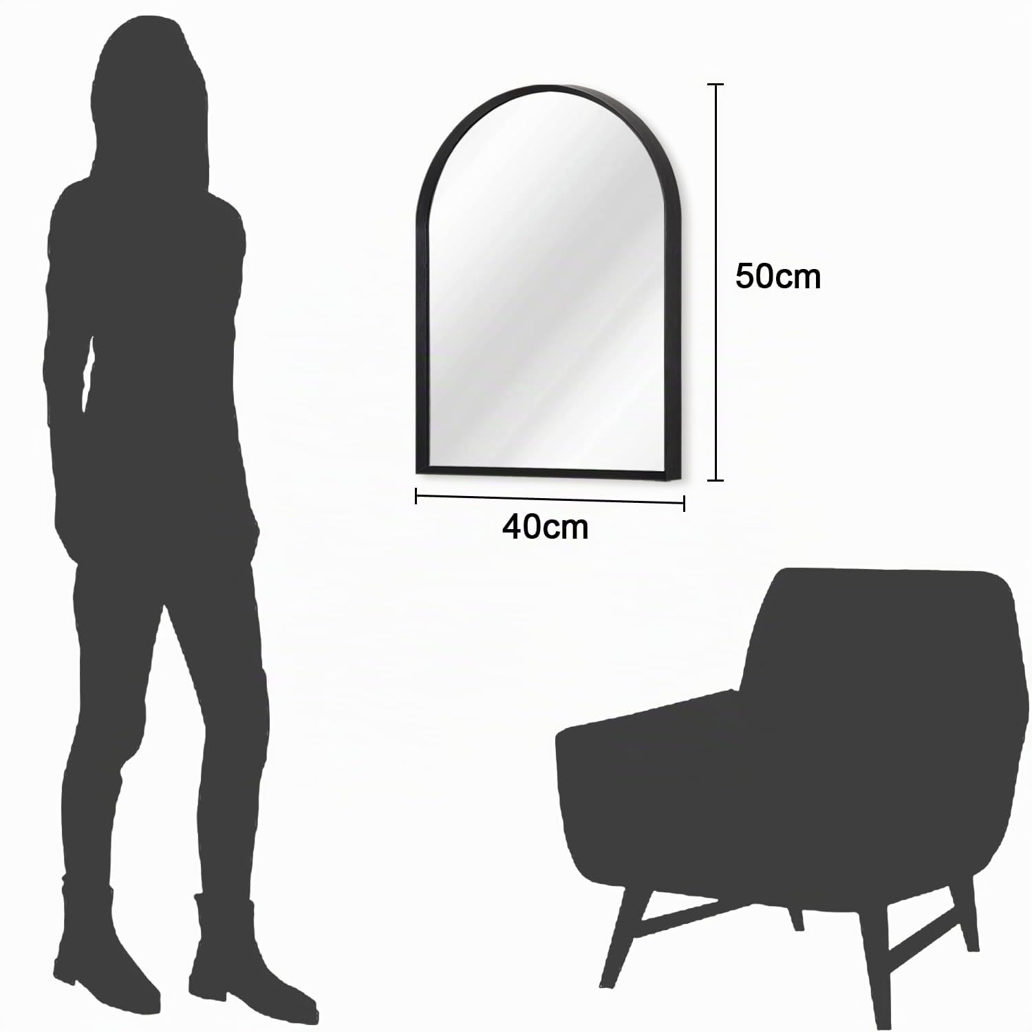 Specchio da bagno ad arco, specchio da parete, specchio da parete nero con cornice in metallo, decorazione per la casa per camera da letto, ingresso, soggiorno, 40 x 50 cm