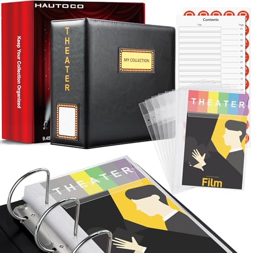 HAUTOCO Show-Bill Binder with Sleeves Theater Program Holder with Contents Page 36 Sheet Top Flap Protectors and Numbering Stickers D-Ring Binder Organize 8.5 x 5.5 Broadway Show-Bills Black