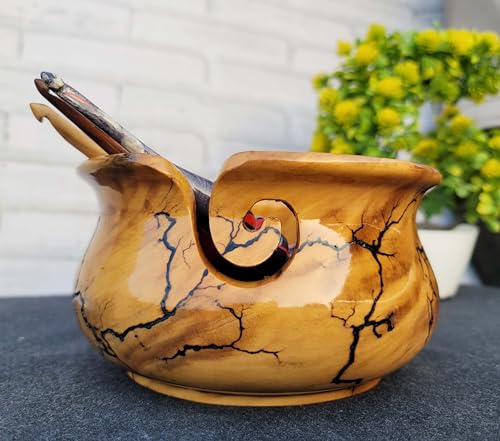 Image of Handmade Yarn Bowl - Lichtenberg Figure Yarn Bowl - Yarn Bowls with Holes Crochet Bowl Holder - Wooden Yarn Bowl for Knitting Yarn Ball Holder - Resin Yarn Storage Bowl 7 inch x 4 inch inches (Medium)
