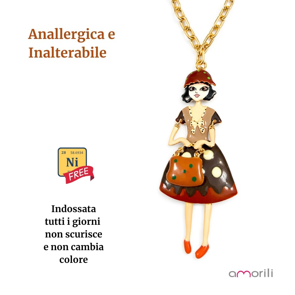 Collana Bambolina Donna in Bronzo Dorato con Smalti Colorati – Ciondolo Elegante e Originale – Gioiello Moda Idea Regalo per Lei