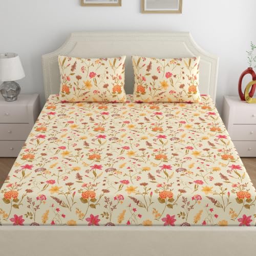 Image of Home Ecstasy 100% Cotton Double Bedsheet with 2 Pillow Covers - (Size 87 x 98 inches, 140 TC, Colour - Beige)