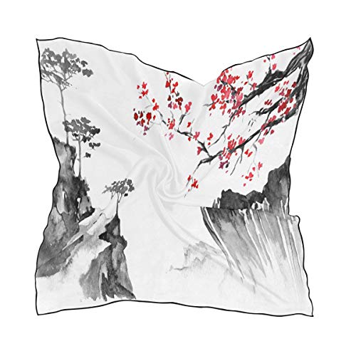 QMIN - Pañuelo cuadrado de seda japonés tradicional Sakura Paisaje de moda pañuelo ligero para el pelo, diademas para el cuello, bufandas para mujeres, 60 x 60 cm