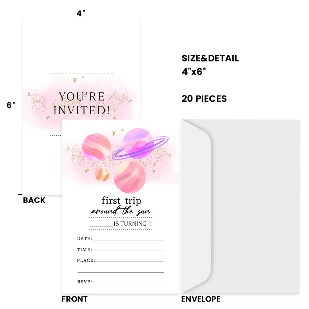 Tuyashua Pink Gold Galaxy 1st Birthday Party Invitations, First Trip Around The Sun Invitations, Galaxy Party Supplies for Boys Girls, Birthday Party Decorations, 20 Cards with Envelopes - I23