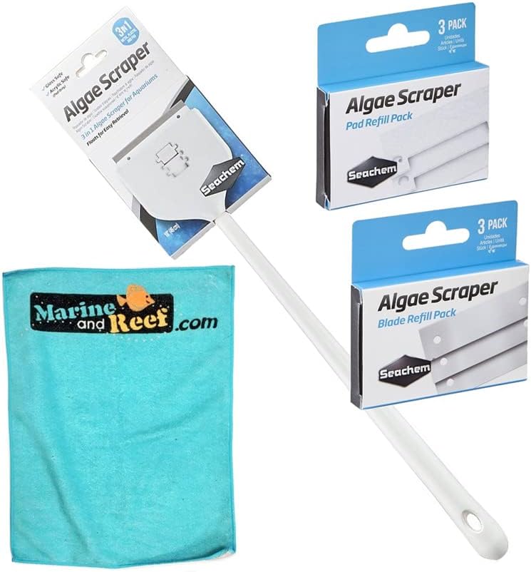 Inland Seas Seachem 18 3 in 1 Algae Scraper, Replacement Metal Blades/Pads, & Micro Fiber Towel Bundle (4 Items)