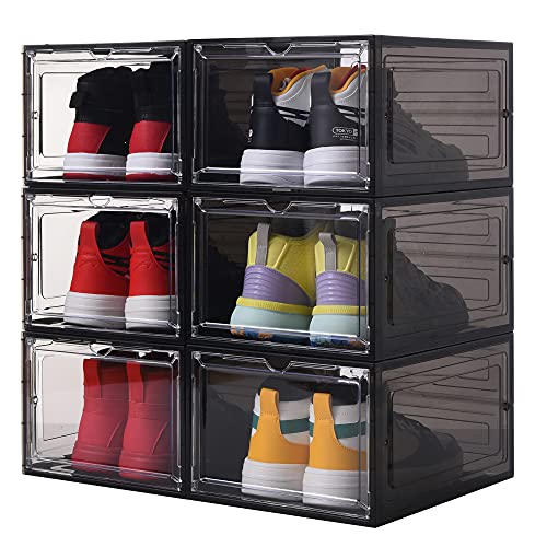 Plastic Shoe Box,6 Pack,Shoe Storage Boxes Clear Plastic Stackable,Drop Front Shoe Box,Shoe Box Storage Containers And Organizer,For Display Sneakers,Fit for US Size 12-(13.4â€x 10.6â€x 7.4â€)Black