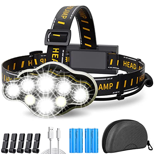 MLIAIMCE Lampe Frontale,Torche Frontale 18000 Lumens 8 LED 8 Modes d'éclairage,Lampe Frontale LED Ultra Puissante Cover