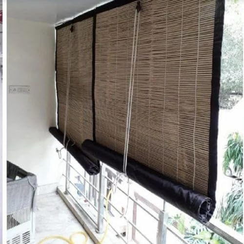 Image of BambooAura Natural Bamboo Roll-Up Window Shade Blind | Light Filtering Bamboo Chick Curtain | Eco-Friendly Sun Protection (4ft x 7ft - W x H) (Natural Beige With Dark Green Border, (5ft x10ft -W x H))