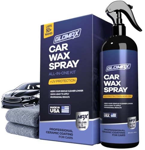 GLOMAX Car Wax Spray and Ceramic Coating For Cars With Added UV Protection (16 oz)- Long Lasting Shiny Car Stuff - Spray Wax For Cars With 2 Micro Fiber Towels, Waterless Wash