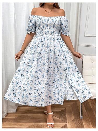 Verdusa Women's Plus Size Boho Floral Long Dress Square Neck Shirred Flowy Wedding Guest Dresses4