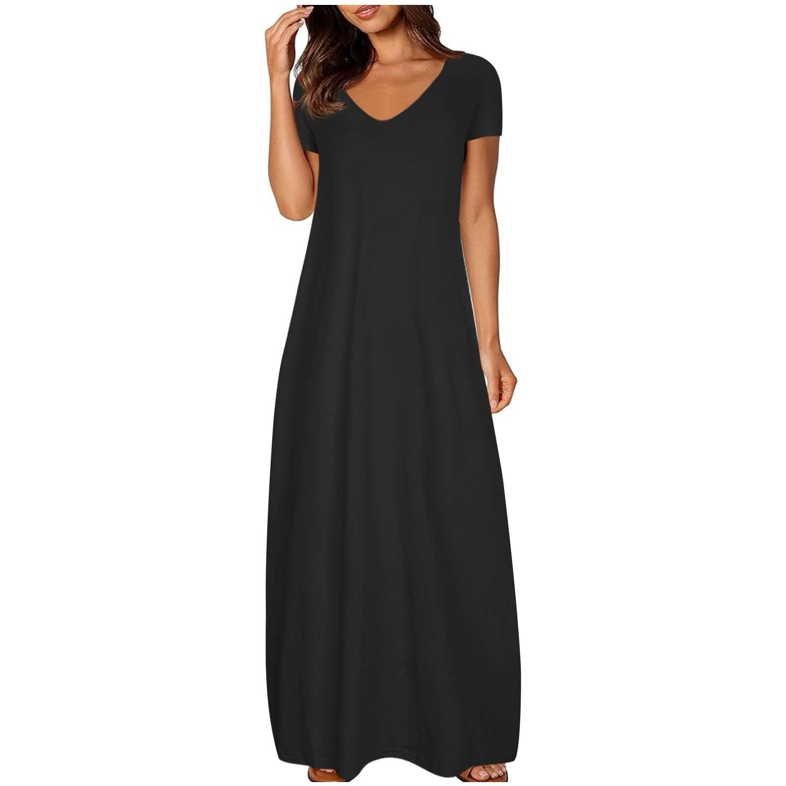 Vestito estivo da donna, abito da spiaggia da donna, arioso, per il tempo libero, tinta unita, leggero, abito da spiaggia, a tunica, a maniche corte, abito da casa, abito a tunica con scollo rotondo