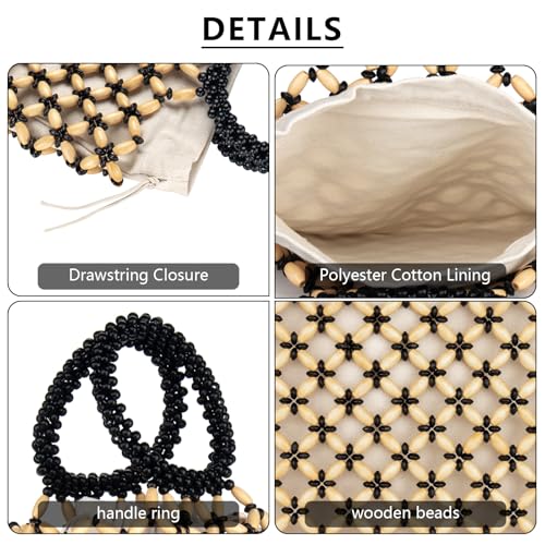 Image of YYW Unique Handmade Wooden Bead Tote Bag for Women, Small Handwoven Clutch Purses Woven Bucket Handbag and Drawstring Handbag