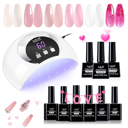 LKE Gel Nail Polish Kit with 72W UV LED Nail Lamp,6 Colors Gel Polish Set with Lamp Starter Kit, Pink Nude Soak Off with Base and Glossy & Matte Top Coat Nail Art DIY Manicure Salon and Home for Women