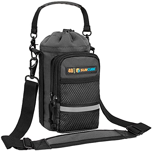 SUN CUBE Water Bottle Carrier with Strap for Walking Hiking, Neoprene Insulated Water Bottle Bag, Crossbody Flask Sleeve Holder, Water Bottle Accessories Sling Pouch Phone Pocket Men Women, Gray 64 oz