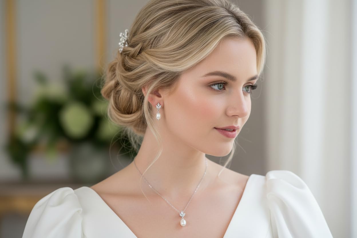 Silber Perlen Schmuckset 3-teilig Halskette Ohrringe Armband Zirkonia Strass Brautschmuck Hochzeit Kommunion Abiball