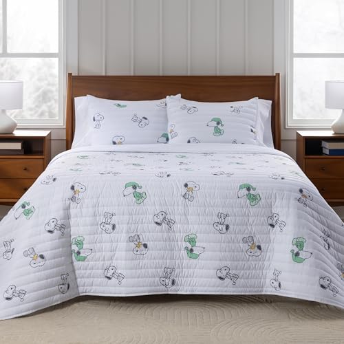 Berkshire Peanuts Microfiber Quilt Set Officially Licensed Snoopy & Woodstock Ultra Soft Lightweight Coverlet with 1 Sham All-Season Bedding for Bedroom(Twin/TwinXL Snoopys Cuddly Dreams White)