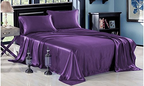 Taj Linens 100% Pure Silk Satin Sheet Set 7pcs, Silk Fitted Sheet 15'' Deep Pocket,Silk Flat Sheet,Silk Duvet Cover & Pillowcases Set !!! Queen, Purple