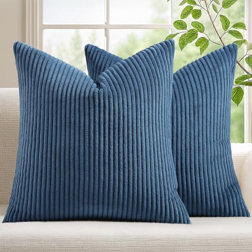 Mecatny Corduroy Decorative Throw Pillow Covers 16x16 Set of 2 for Sofa Living Room, Soft Neutral Boho Couch Pillow Covers for Home Decor, Navy Blue