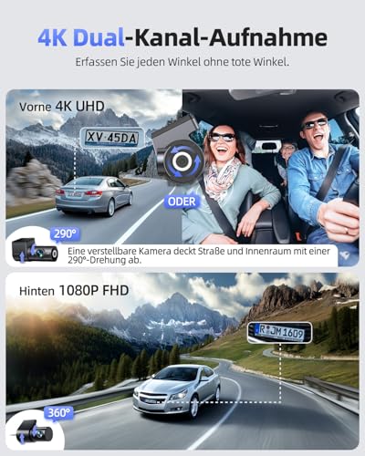 CIEVIE 4K Dashcam Auto Vorne Hinten mit GPS 5GHz WiFi, Dual Dashcam 1,5″ IPS Display, Auto Kamera mit 64GB SD Karte, 170° Weitwinkel, G-Sensor, WDR Nachtsicht, Loop-Aufnahme, Unterstützt 256GB Max