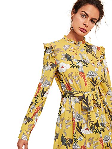 Floerns Women's Long Sleeve Ruffle Trim Self Tie Floral Print Short Dress Yellow M