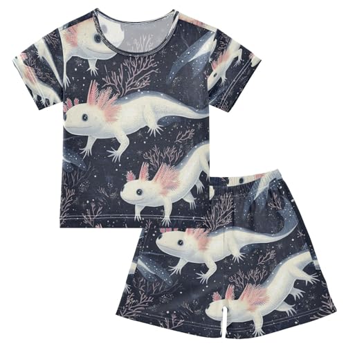 Pajama Sets Short Sleeve Cute Axolotl in Darkness Soft Cotton Summer Sleepwear 2 Piece PJS Size 5-14T