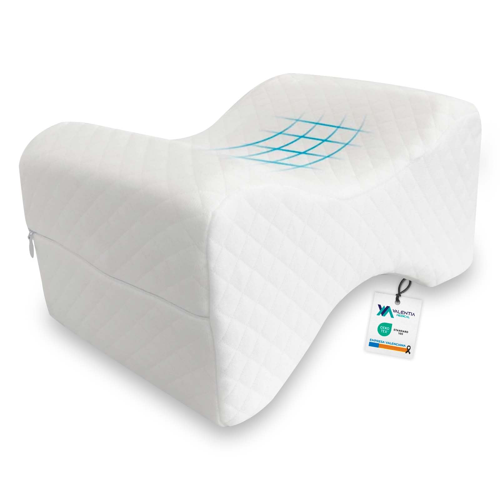 VALENTIA MEDICAL - Almohada Piernas Dormir Viscoelástica - Almohada para Dormir de Lado - Cojín Rodillas para Dormir - Almohada Ortopédica para Pierna y Rodilla - Lavable - Fabricado en España
