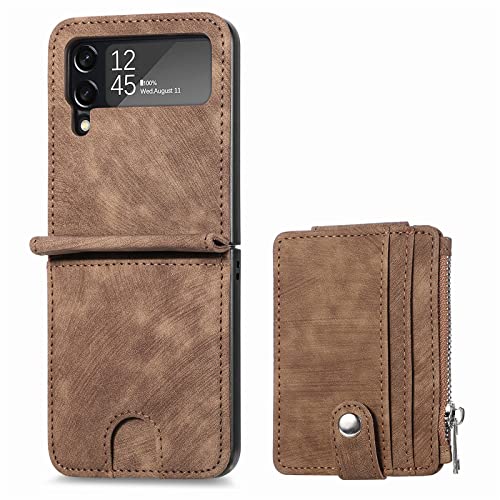 COQUE Galaxy Z Flip 4 Hülle Multifunktionale ultradünne weiche Leder-Kartensteckplatz-Kettentasche Handyhülle mit Standfunktion Faltbare Handyhülle für Samsung Galaxy Z Flip 4 5G-Braun