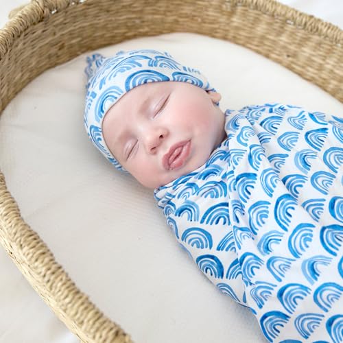 Image of Little Sleepies Swaddle & Hat Set, Baby Swaddles Newborns, Soft Viscose from Bamboo Swaddle Blanket Wrap (Blue Rainbows)