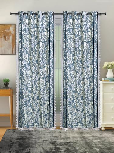 Image of Cortina Leaf Light-Filtering 100% Cotton Curtains 5 feet Long Set of 1 for Window [ Opacity: 50-60%, Color: Grey, 180 GSM ]