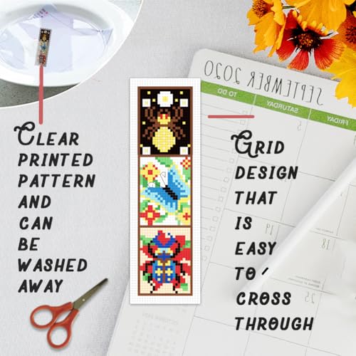 Image of BEUNITONE 6 Pcs Insects Cross Stitch Bookmark Kits for Beginners Bookmark with Butterflies Dragonflies Pattern Counted Cross Stitch DIY Stamped Embroidery with Instructions for Book Lover 8''x2.4''