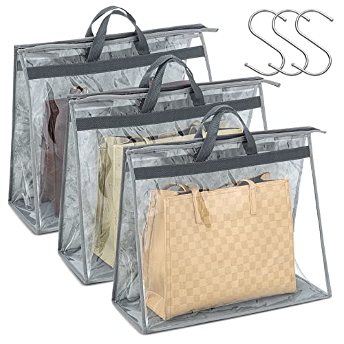 Interesse 3 Packs Dust Bags for Handbags, Clear XL Handbag Storage, Purse Storage Organizer for Closet, Purse Cover Hanging Closet Organizer with Zipper and Handles, Grey