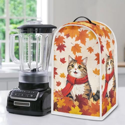 Image of Leaves Cat Blender Dust Cover Appliance Covers for kitchen Stand Mixer or Coffee Maker Polyester Dust Proof Blender Cover with Top Handle Thankgiving Fall Decor Covers