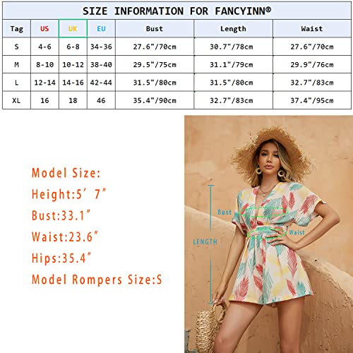 Fancyinn Womens Cute Vacation Romper Outfits Ditsy Floral Plunge Neck A Line Shorts Set Jumpsuit With Belt Colorful Palm Leaves S #TOP5