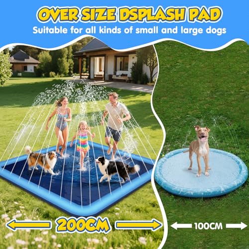 Haozozo Wasserspielzeug Kinder Outdoor Spiele mit Antirutschfunktion, 200CM Wassersprinkler Kinder Splash Pad, Gartenspielzeug Kind Sprinkler und Hundepool(Quadratisch 200cm)